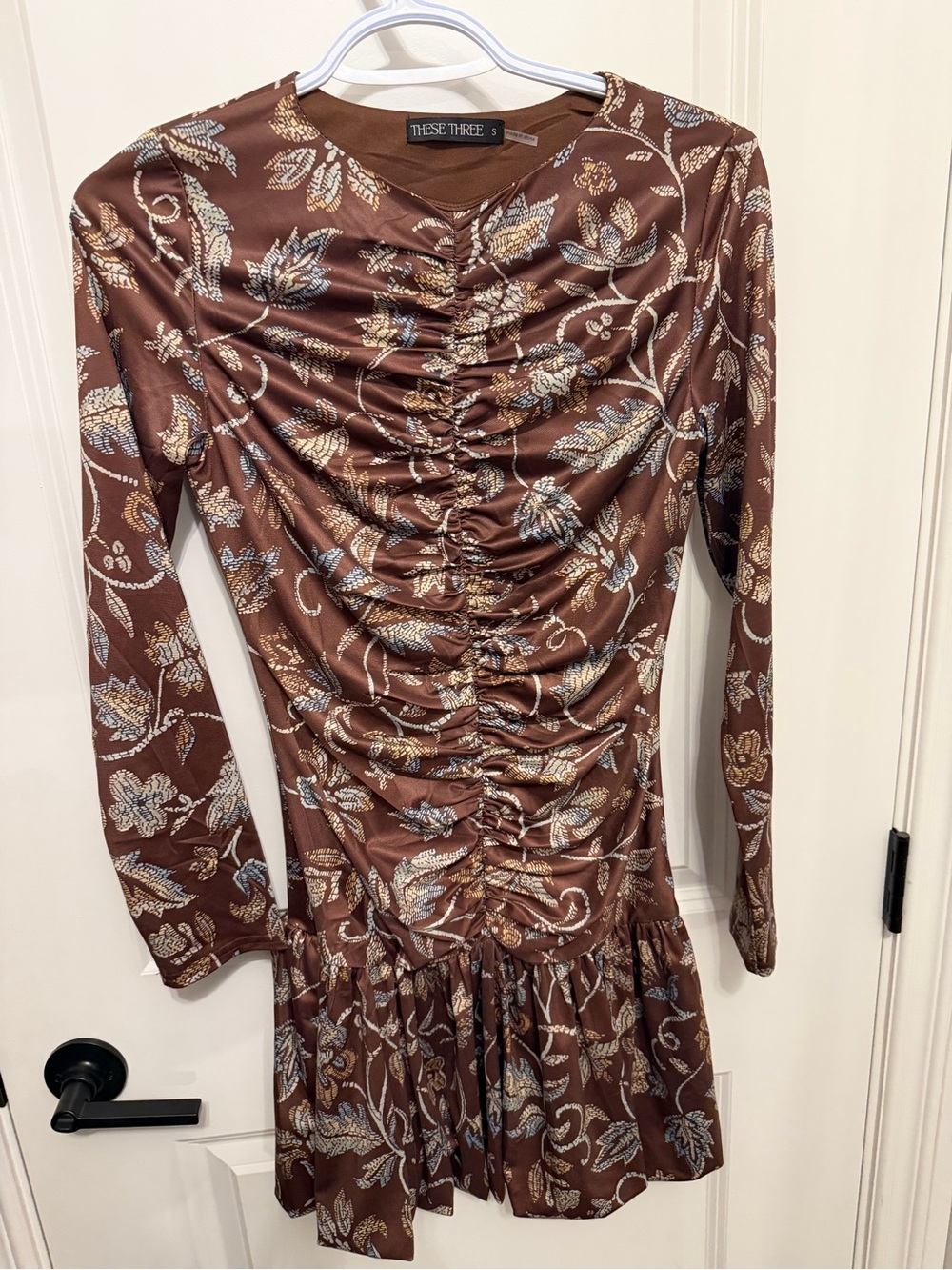 Brown Floral Ruched Long Sleeve Dress